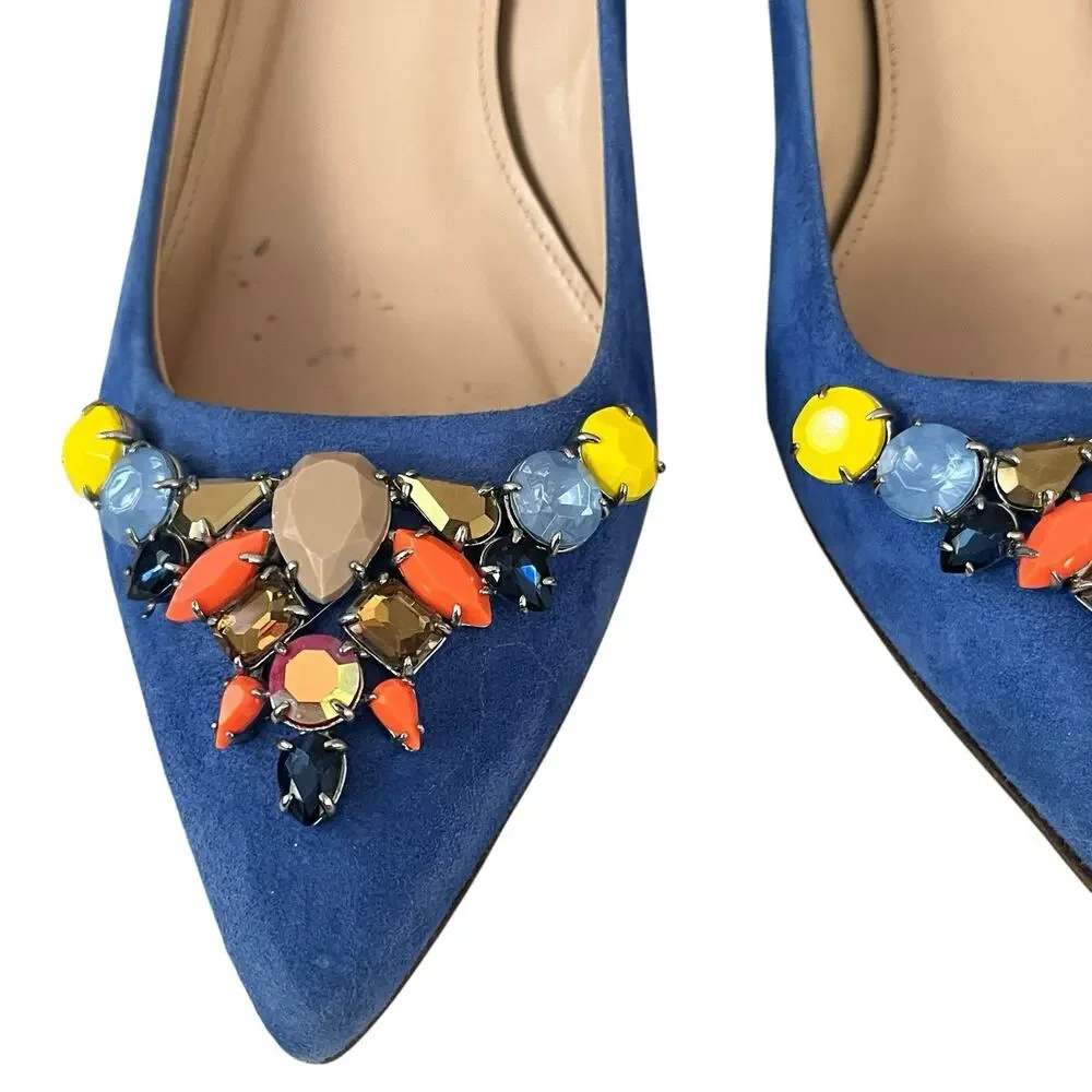 J Crew COLLECTION Dulci Suede Kitten Heels Women’s Size 7.5 Jeweled Blue Italy